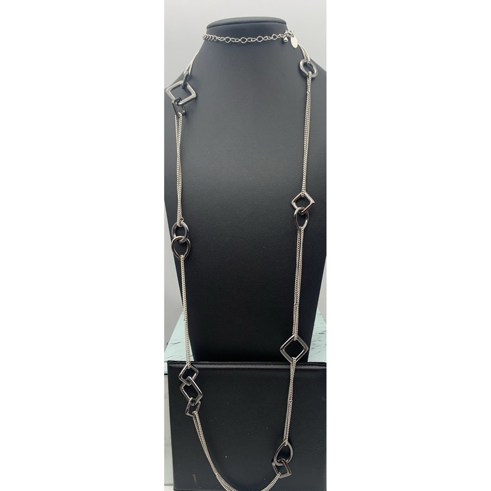 Lia Sophia Silver Tone Double Chain Necklace With Gunmetal Stations 41" - Picture 2 of 3
